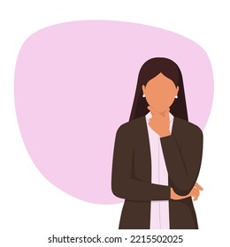 Pensive businesswoman thinking with hand on chin, solution and opportunity concept, social media template post with copy space, white background