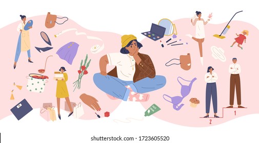 Pensive casual woman surrounded by abstract different things vector graphic illustration. Cartoon female character thinking about daily problem and happiness isolated on white. Concept of women world