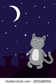 A pensive cat looks at the sky, counts the stars. The cat is doing yoga on the roof. Poster. Vector illustration.