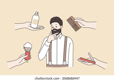 Hombre caucásico pensivo barbudo pensando en cuidado de barba en salón de belleza. Los varones jóvenes eligen el procedimiento de tratamiento en la peluquería. El peinado y el peinado en el salón masculino. Ilustración vectorial plana. 