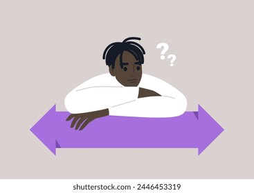 Pensive character Contemplating Directions on a Purple Arrow, A person rests their elbows on a large arrow sign pointing different directions, lost in thought