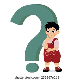 Criança pensiva confusa e intrigada de pé com enorme ponto de interrogação, desenho animado plano vetor ilustração isolado no fundo branco. Garoto pensando em perguntas.