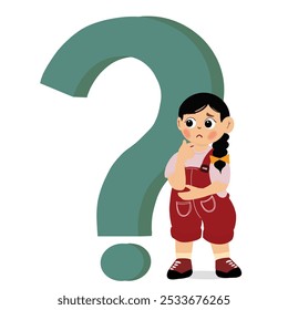 Criança pensiva confusa e intrigada de pé com enorme ponto de interrogação, desenho animado plano vetor ilustração isolado no fundo branco. Garoto pensando em perguntas.