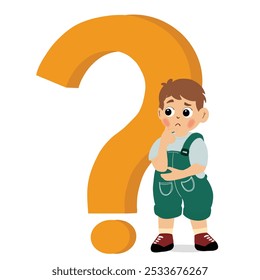 Criança pensiva confusa e intrigada de pé com enorme ponto de interrogação, desenho animado plano vetor ilustração isolado no fundo branco. Garoto pensando em perguntas.