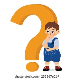 Criança pensiva confusa e intrigada de pé com enorme ponto de interrogação, desenho animado plano vetor ilustração isolado no fundo branco. Garoto pensando em perguntas.