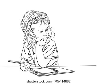 Pensive Child girl with chin on hand writing in note book, Vector sketch, Hand drawn line art illustration