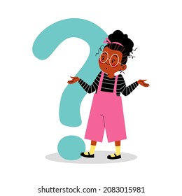 Pensive confused african american girl stands shrugging shoulders near huge question mark, flat cartoon vector illustration isolated on white background.