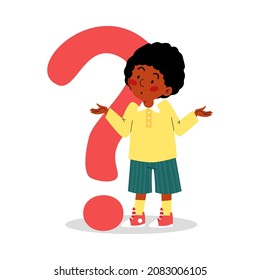 Pensive confused child stands shrugging shoulders next to question mark, flat cartoon vector illustration isolated on white background. Boy has questions or doubts.