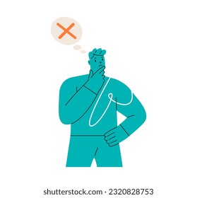 Pensive confused male with cross sign. Colorful vector illustration