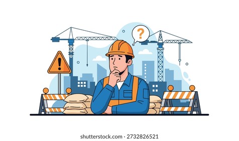 Pensive construction worker in safety gear standing in front of site with cranes and thinking with a question mark symbol.