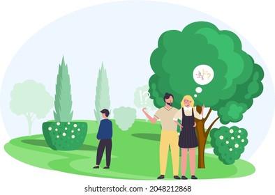 Pensive couple walking down street, people ponder, looking for answer to question. Cartoon confused characters. Frustrated man and woman making decision. Vulnerable person in doubt making confusion