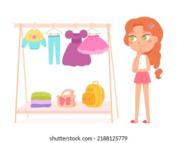 Pensive Cute Girl Choosing Dress Hanging On Wardrobe Rack In Fashion Store Or At Home Vector Illustration. Cartoon Isolated Kid Deciding On Choice Of Clothing, Female Funny Stylish Character Thinking