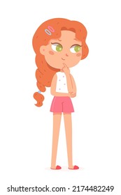 Pensive cute girl thinking and standing vector illustration. Cartoon isolated portrait of kid with funny face and curious expression, little female character reflecting, making difficult choice