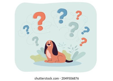 Perro pensativo pensando en la respuesta o la idea. Una cachorro confundida sentada cerca de una gran pregunta marca una ilustración vectorial plana. Ayuda, concepto de comunicación para banner, diseño de sitio web o página web de inicio