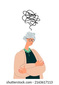 Pensive Elderly Woman, Amnesia and Mess in head,thoughts.Forgetful Senior Character Thinking,Alzheimer Disease.Confused Grandmother,Forget,Try Remember.Troubled Worried Old Retired.Flat Illustration