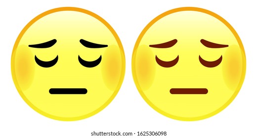 Pensive Emoticon. Sad and depressed emoji. A yellow face with sad, closed eyes, furrowed eyebrows, and a slight, flat mouth.