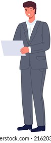 Pensive employee or businessman holding document. Young male character carrying papers. Portrair of adult modern man in casual clothes. Smiling guy with sheet of paper in hands vector illustration
