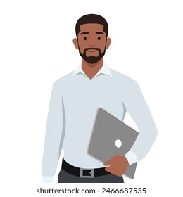 Pensive employee or businessman holding laptop. Flat vector illustration isolated on white background