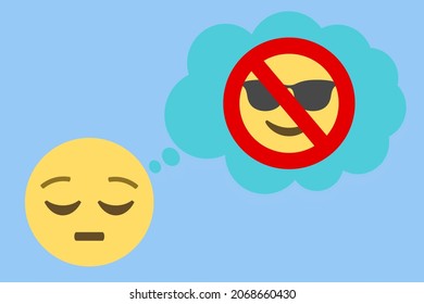 cara pensante y burbuja de pensamiento con signo de prohibición contra cara fría, sobre fondo azul claro,ilustración vectorial