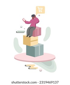 Un tipo de caricatura sin rostro pensativo considerando la compra. Gente eligiendo productos y ropa en el color de tienda en línea 2d. Ilustración de estilo plano vectorial sobre fondo blanco