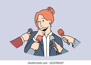 Pensive female politician thinking talking with reporters or journalists. Woman speaker have interview speak in microphones at conference. Vector illustration. 