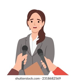 Pensive female politician thinking talking with reporters or journalists. Woman speaker have interview speak in microphones at conference. Flat vector illustration isolated on white background