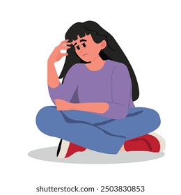 Pensive female student character sitting on the floor, sad and upset teenager, vector illustration