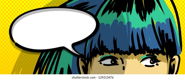 pensive girl comic books style vector drawing, blank speech bubble