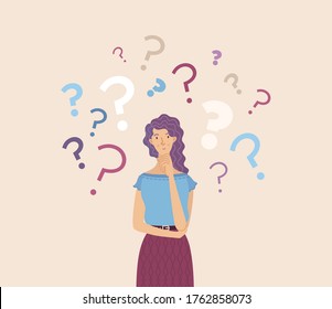 Pensive Girl Flat Vector Illustration. Cartoon Confused Woman Character. Frustrated Teenager Making Decision. Vulnerable Lady In Doubt With Hand On Chin Gesture