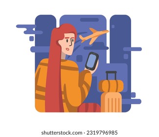 Pensive girl looks at her phone and waits for her flight at airport. Visiting warm countries. Feeling happy when traveling. Time for adventure tourism. Vector