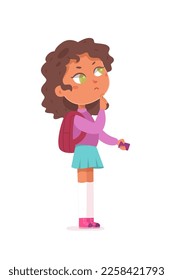 Pensive girl with pocket purse vector illustration. Cartoon young female student character with backpack holding wallet in hand, cute confused thoughtful kid thinking about problem on shopping