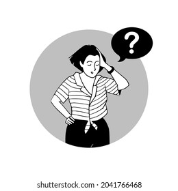 Pensive girl with question mark, vector illustration. Portrait of smart woman thinking or solving problem. Sketch of human emotions sign.