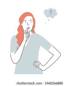 Pensive girl with red hair holds her hand on her belt. Flat vector illustration. Isolated design on a white background.