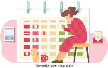 Una chica pesada se sienta con cartas en sus manos. La mujer piensa en el siguiente movimiento. Administración de trabajo de oficina. Calendario o calendario en segundo plano. Cubos y una taza en el suelo. Sobre con una letra en la pared