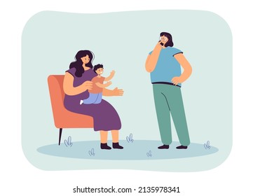Pensive girl standing near mom with kid flat vector illustration. Happy little boy reaching hands for elder sister. Childhood, family, love concept for banner, website design or landing web page