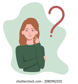 Pensive girl. The girl thinks with a question mark at the top. Character is isolated on white background, flat style.