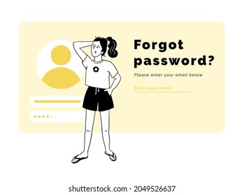 Pensive girl thinks remembering her password, hand drawn vector illustration. Woman with regret gesture and text Forgot Password, Please Enter Your Email, flat design for web apps, landing page.