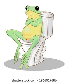 A pensive green frog sits on the toilet with its arms crossed over its chest. Vector illustration.