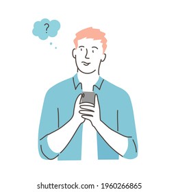 Pensive guy holds a smartphone in his hands. Flat vector illustration. Isolated design on a white background.