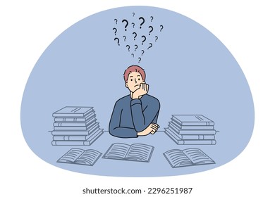 Pensive guy suit at desk studying thinking or pondering of problems finding solution. Thoughtful man with books feel frustrated daydreaming or planning. Dilemma. Vector illustration.