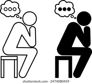 Iconos pensativos. Iconos vectoriales en blanco y negro. Hombre Sentado Cuidadosamente Apoya Su Mano. Salud Mental. Concepto de sentimiento