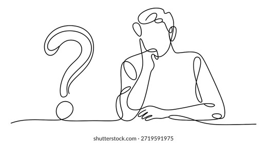 Pensive Individuum über eine Frage nachdenkt, kontinuierliche Linie Kunst Konzept des Zweifels und der Anfrage Vektor, Illustration