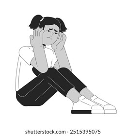 Menina pensiva sentada sozinha personagem de linha 2D preto e branco. Garoto com pensamentos negativos. Afro-americano vítima de abuso infantil solated vetor pessoa contorno. Ilustração de ponto monocromático