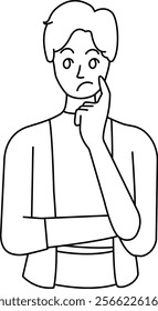 Pensive Male Character in Flat Line Art Illustration