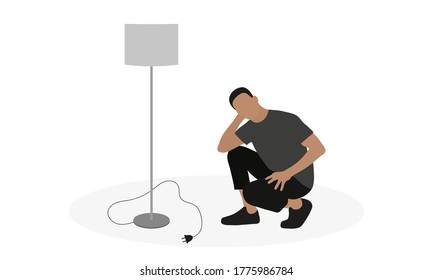 Pensive male character squatting near a floor lamp with a cord and plug