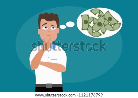 Pensive male character thinking about money in white speech bubble looking up in concerns on blue background