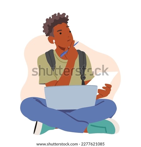 Pensive Male Student Character Sitting On Floor With Laptop And Paper Sheet Thinking on task, Studying or Prepare to Exams, Analyzing Educational Materials. Cartoon People Vector Illustration