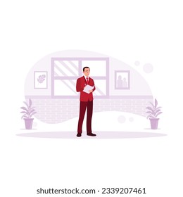 pensive male teacher thinking about the material while taking notes. Creative ideas, brainstorming. Trend Modern vector flat illustration