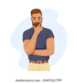 A pensive man in a blue shirt with a gentle expression, vector illustration on a light background, the concept of decision-making. Vector illustration