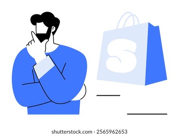 Pensive man in blue sweater with hand on chin standing next to shopping bag with S logo. Ideal for e-commerce, digital marketing, online shopping, branding concepts, modern business. Minimalist